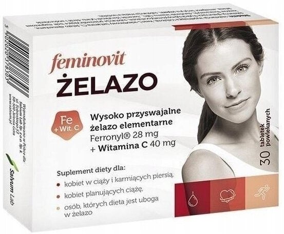 Opakowanie suplementu diety \'Feminovit Żelazo\' zawierającego 30 tabletek powlekanych. Na opakowaniu widnieje informacja o zawartości żelaza elementarnego Ferronyl® 28 mg i witaminy C 40 mg oraz przeznaczeniu dla kobiet w ciąży, karmiących piersią, planujących ciążę i osób z dietą ubogą w żelazo.