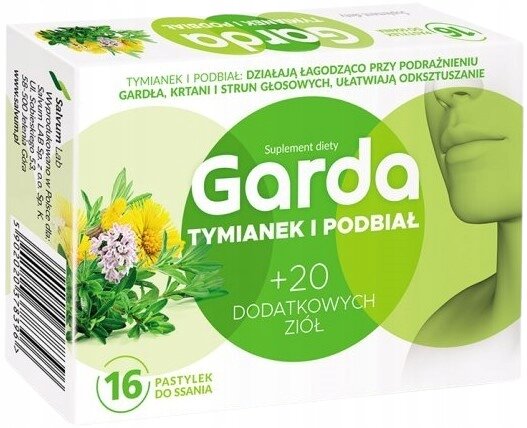Opakowanie suplementu diety Garda Tymianek i Podbiał z 16 pastylkami do ssania. Na opakowaniu widoczny jest tekst: \'Tymianek i podbiał: działają łagodząco przy podrażnieniu gardła, krtani i strun głosowych, ułatwiają odksztuszanie\'.
