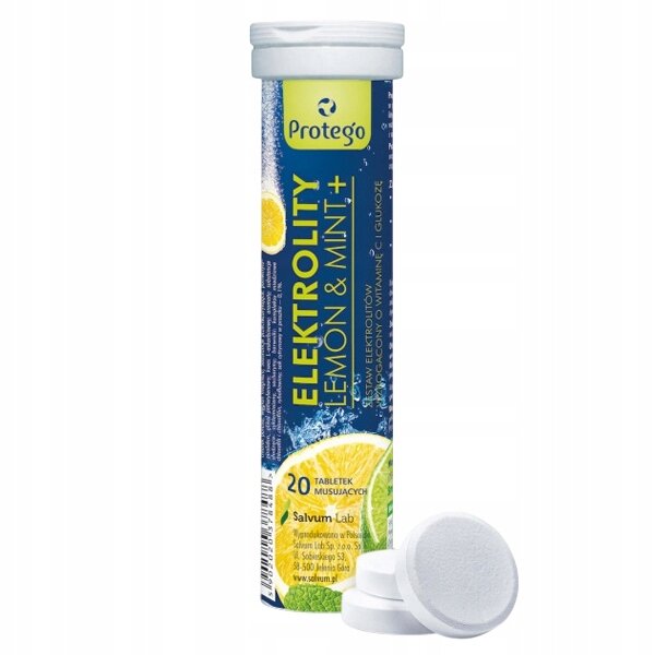 Opakowanie tabletek musujących Salvum Protego Elektrolity Lemon & Mint+ z widocznym logo Protego. Na opakowaniu napis: \'ELEKTROLITY LEMON & MINT+ 20 TABLETEK MUSUJĄCYCH\'.