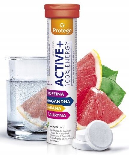 Na obrazie widoczna jest tuba z napisem \'Protego ACTIVE+ 100% ENERGY\' oraz składnikami: kofeina, wąkrotka, guarana, tauryna. Obok znajduje się szklanka z wodą i plasterkiem grejpfruta oraz dwie tabletki musujące.