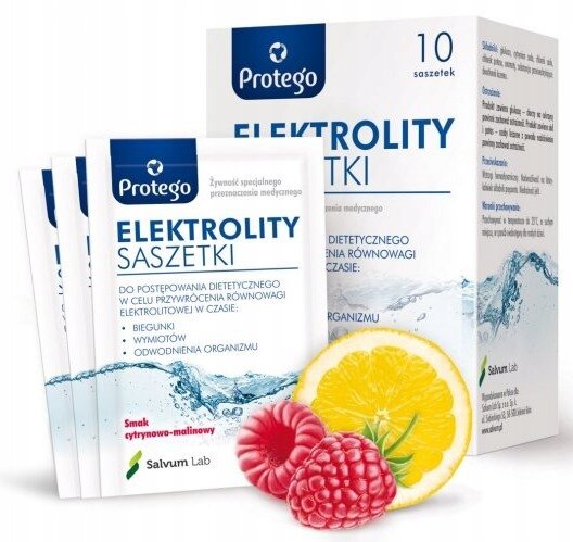 Opakowanie produktu \'Protego Elektrolity Saszetki\' z widocznymi trzema saszetkami i owocami cytryny oraz malin. Na opakowaniu widnieje tekst: \'Żywność specjalnego przeznaczenia medycznego\' oraz \'Smak cytrynowo-malinowy\'.