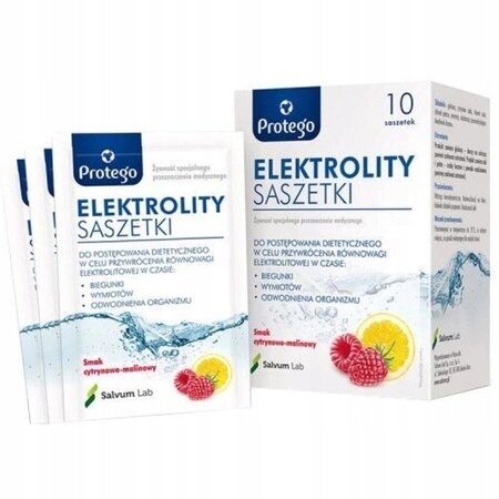 Na obrazie widoczne są opakowania produktu \'Protego Elektrolity Saszetki\' z napisem \'Smak cytrynowo-malinowy\'. Opakowanie zawiera grafikę cytryny i malin oraz informację o zawartości 10 saszetek.