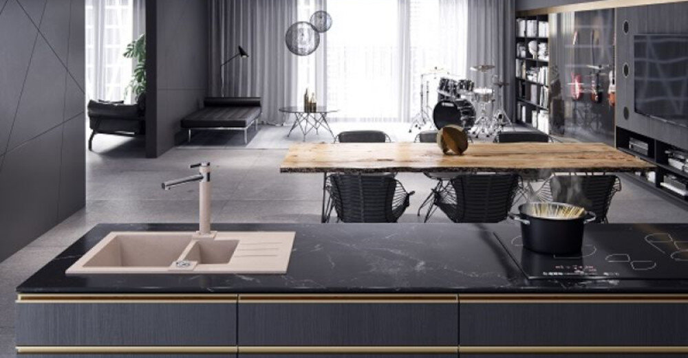 Zlewozmywak ALVEUS Rock 80 1218091TON kol. 91 Czarny + bateria Tonia 2-komorowy wykonanie materiał granital odporny zarysowania temperatura plamy Odwracalna konstrukcja