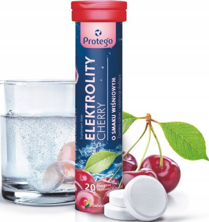 Na obrazie widoczna jest tuba z napisem \'Protego ELEKTROLITY CHERRY O SMAKU WIŚNIOWYM\', obok której znajduje się szklanka z musującą tabletką oraz kilka wiśni. Na tubie widnieje informacja \'20 TABLETEK MUSUJĄCYCH\' oraz logo \'Salvum\'.