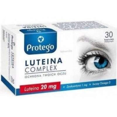 Opakowanie suplementu diety z napisem \'Protego Luteina Complex Ochrona Twoich Oczu\' oraz zdjęciem oka. Na opakowaniu widnieje informacja \'Luteina 20 mg + Zeaksantyna 1 mg + kwasy Omega-3\'.