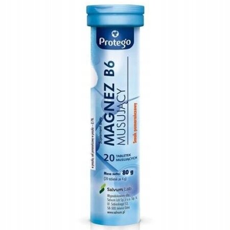 Opakowanie tabletek musujących Magnez B6 marki Protego, zawierające 20 tabletek. Widoczny jest tekst: \'Masa netto: 80 g (20 tabletek x 4 g)\' oraz logo Salvum Lab.