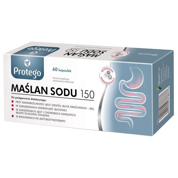 Opakowanie produktu \'Protego Maślan Sodu 150\' zawierające 60 kapsułek. Na opakowaniu widnieje tekst dotyczący zastosowania w różnych dolegliwościach jelitowych oraz logo \'Protego\'.