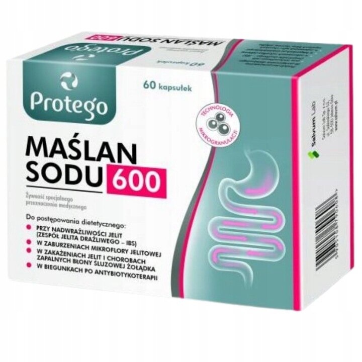 Opakowanie produktu \'Protego Maślan Sodu 600\' zawierające 60 kapsułek. Na opakowaniu widoczny jest schemat jelit oraz tekst dotyczący zastosowania produktu w różnych dolegliwościach jelitowych.