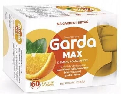 Opakowanie suplementu diety Garda Max o smaku pomarańczy, zawierające 60 pastylek do ssania. Na opakowaniu widoczny jest napis: \'Na gardło i krtań\', oraz grafika pomarańczy i liści.