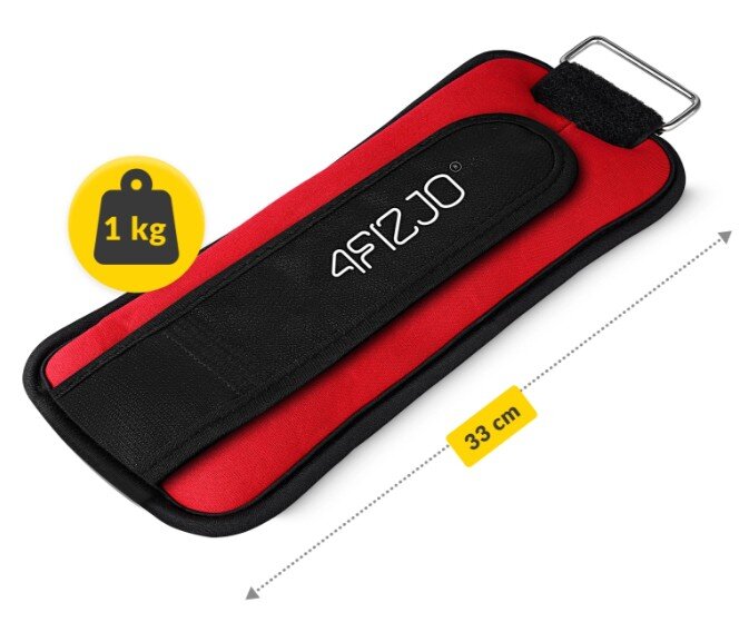 Na obrazie widoczny jest czerwono-czarny obciążnik z logo \'4FIZJO\', z metalową klamrą i rzepem. Obok znajduje się żółta ikona z napisem \'1 kg\' oraz oznaczenie długości \'33 cm\'.