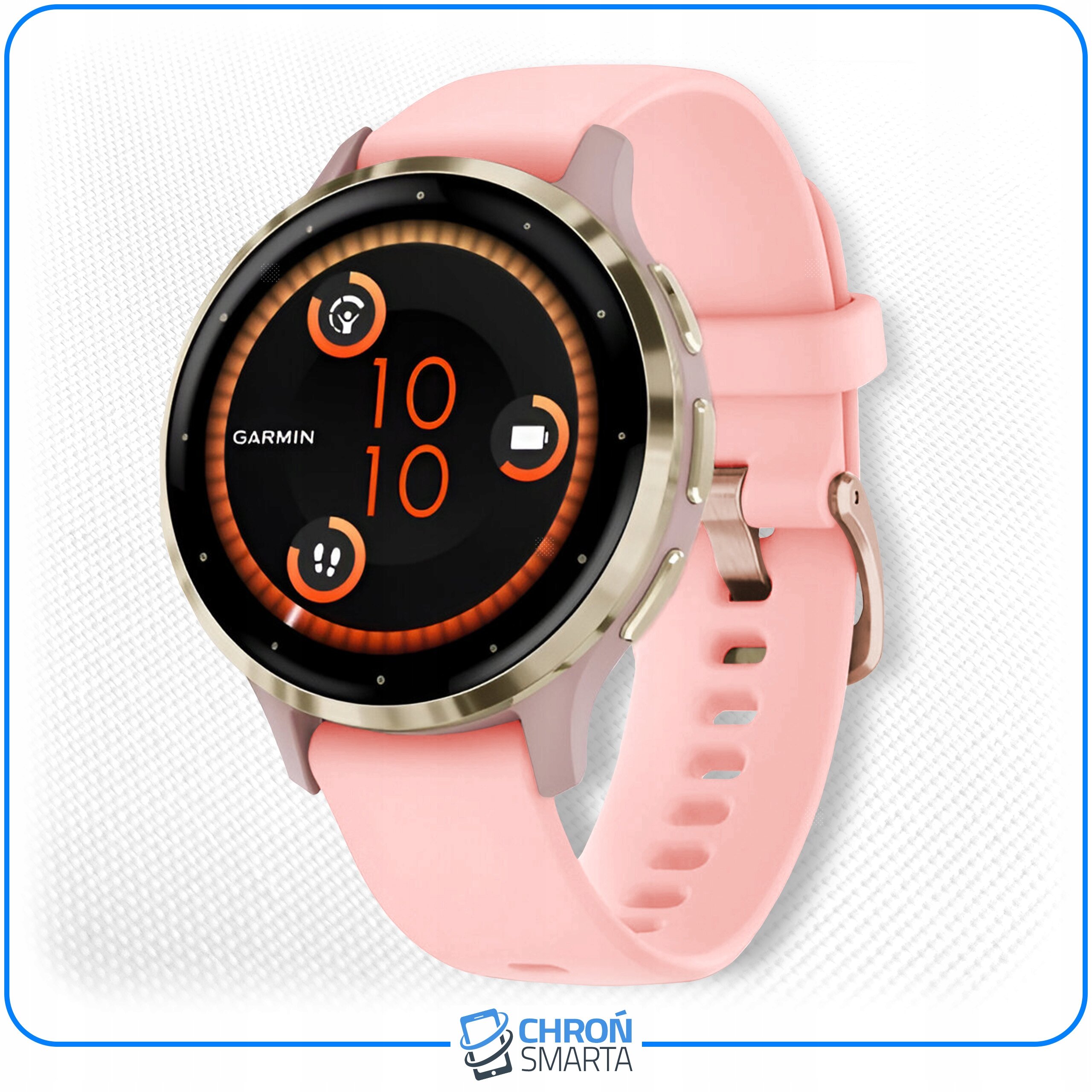Smartwatch z różowym paskiem i okrągłym wyświetlaczem, na którym widoczne są cyfry 10:10 oraz logo Garmin. Na dole obrazu znajduje się logo \'CHROŃ SMARTA\'.