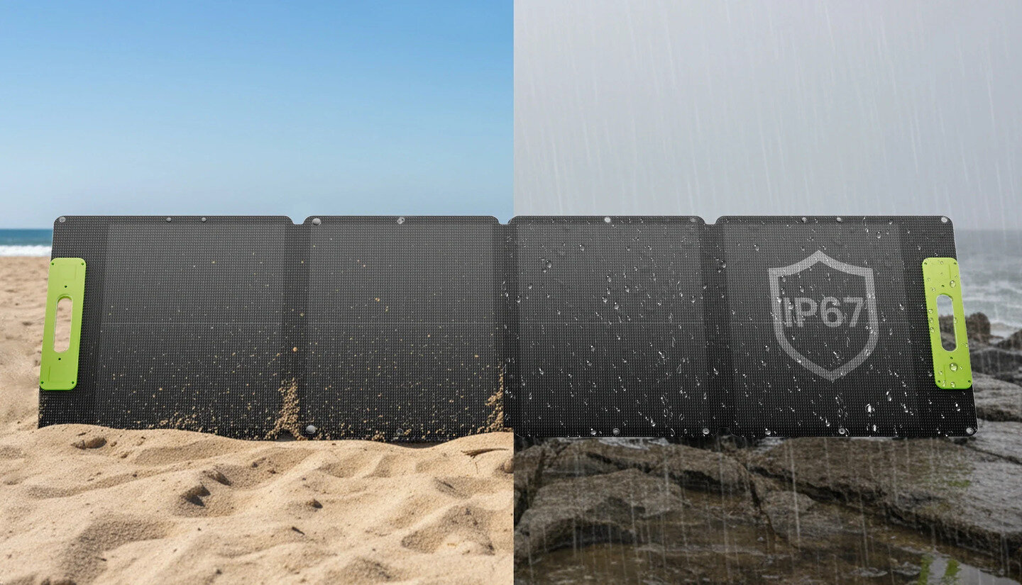 Obraz przedstawia składany panel solarny na plaży i w deszczu, z widocznym oznaczeniem IP67 na jednej części. Panel ma zielone uchwyty po bokach.