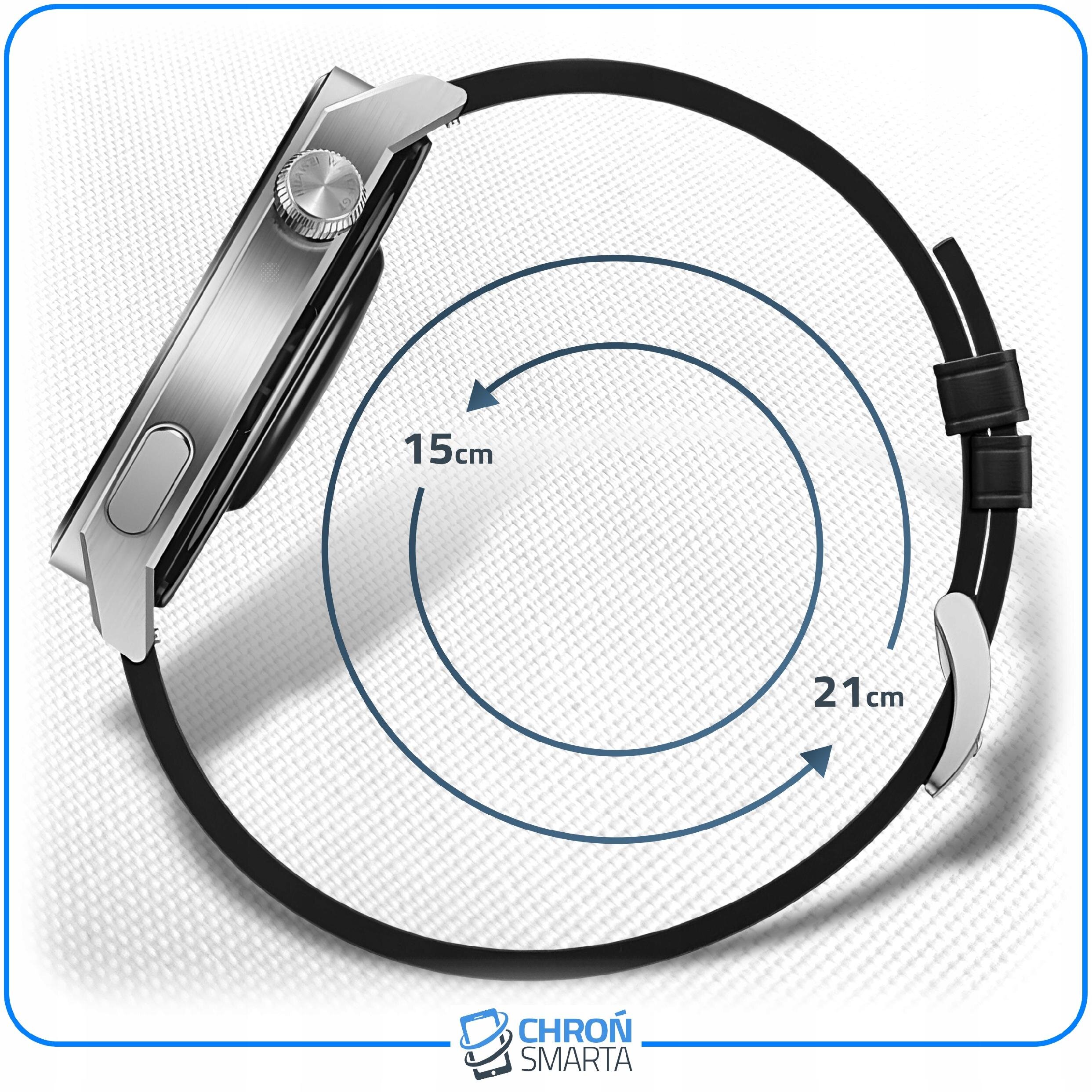 Obraz przedstawia pasek do smartwatcha z metalowym zapięciem i oznaczeniami długości 15 cm i 21 cm. Na dole widoczne jest logo \'CHROŃ SMARTA\'.