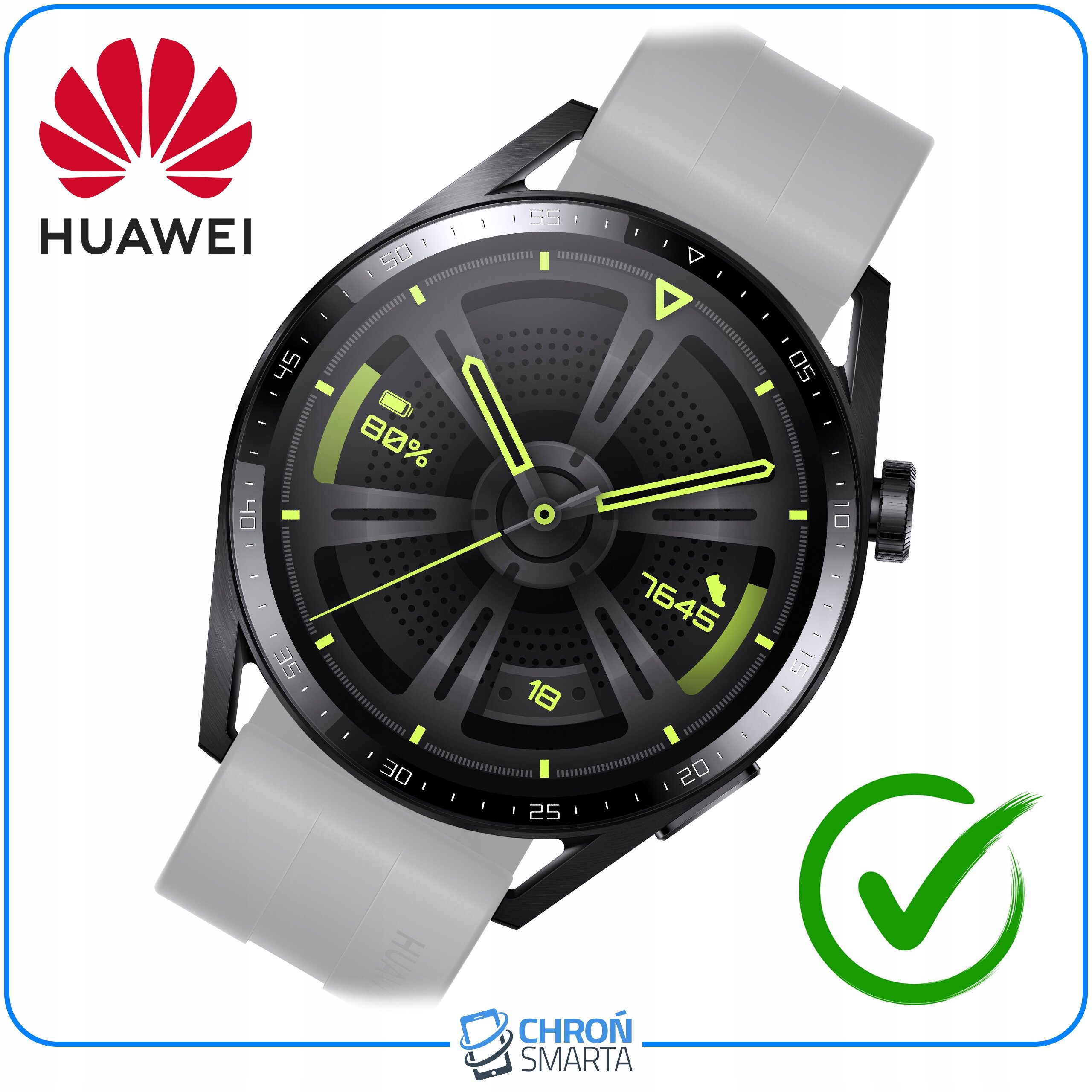 Na obrazie widoczny jest smartwatch z białym paskiem i tarczą z zielonymi akcentami, pokazującą 80% naładowania baterii oraz godzinę 16:45. W lewym górnym rogu znajduje się czerwone logo Huawei, a na dole logo ChronSmarta.
