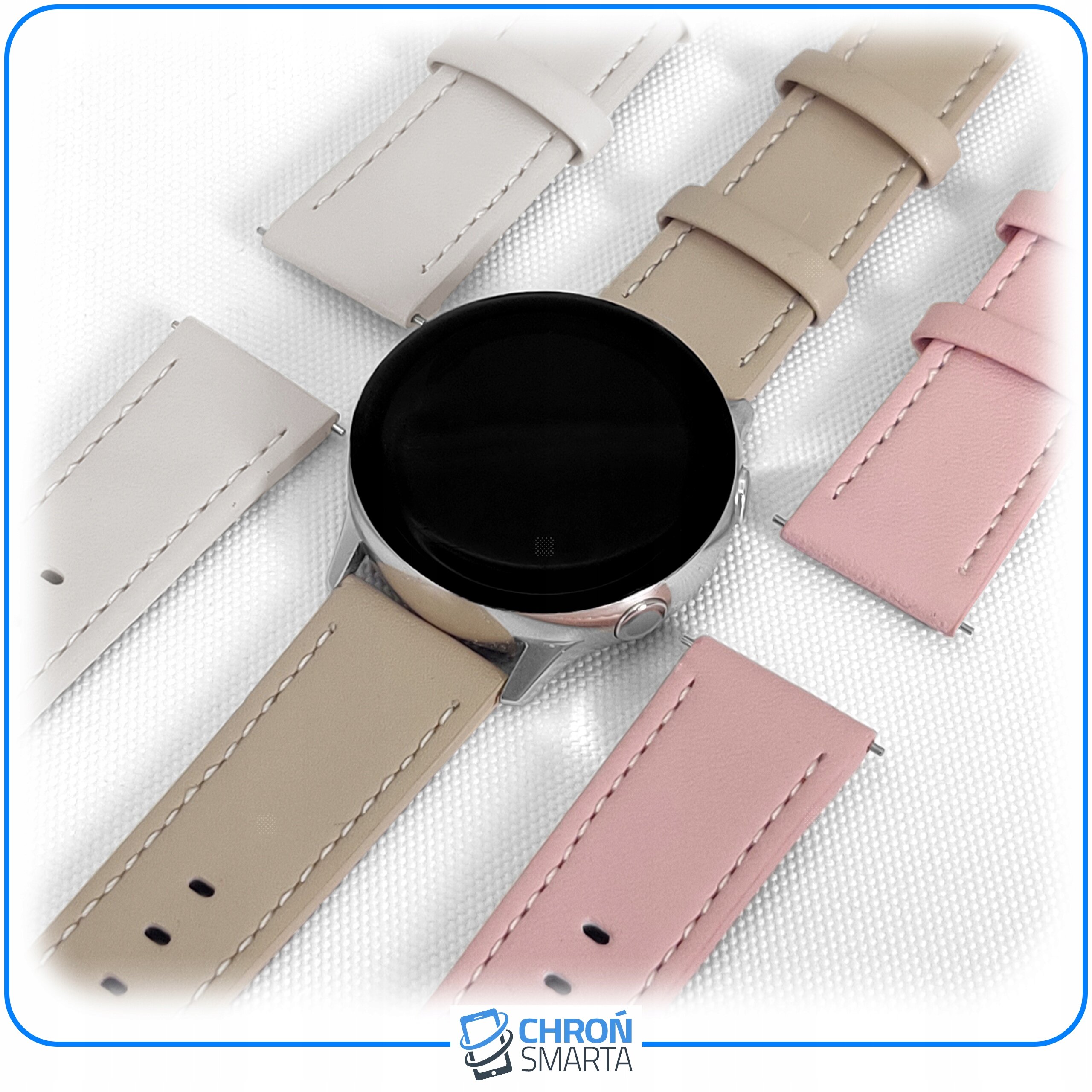 Na obrazie widoczny jest smartwatch z beżowym paskiem oraz dodatkowe paski w kolorach białym i różowym. Na dole znajduje się logo \'CHROŃ SMARTA\'.