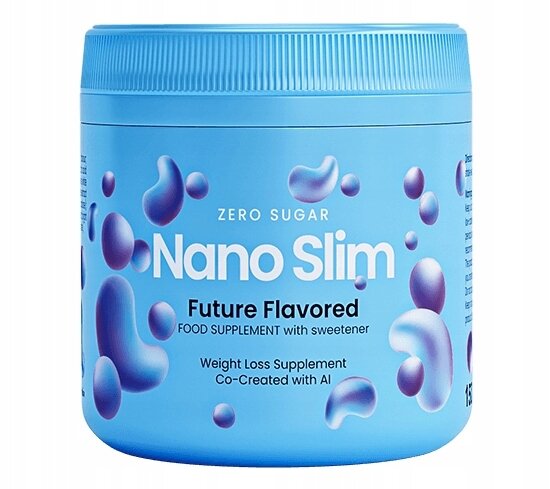 Niebieski pojemnik z napisem \'ZERO SUGAR Nano Slim Future Flavored FOOD SUPPLEMENT with sweetener\'. Na powierzchni widoczne są fioletowe i niebieskie kształty przypominające bąbelki.