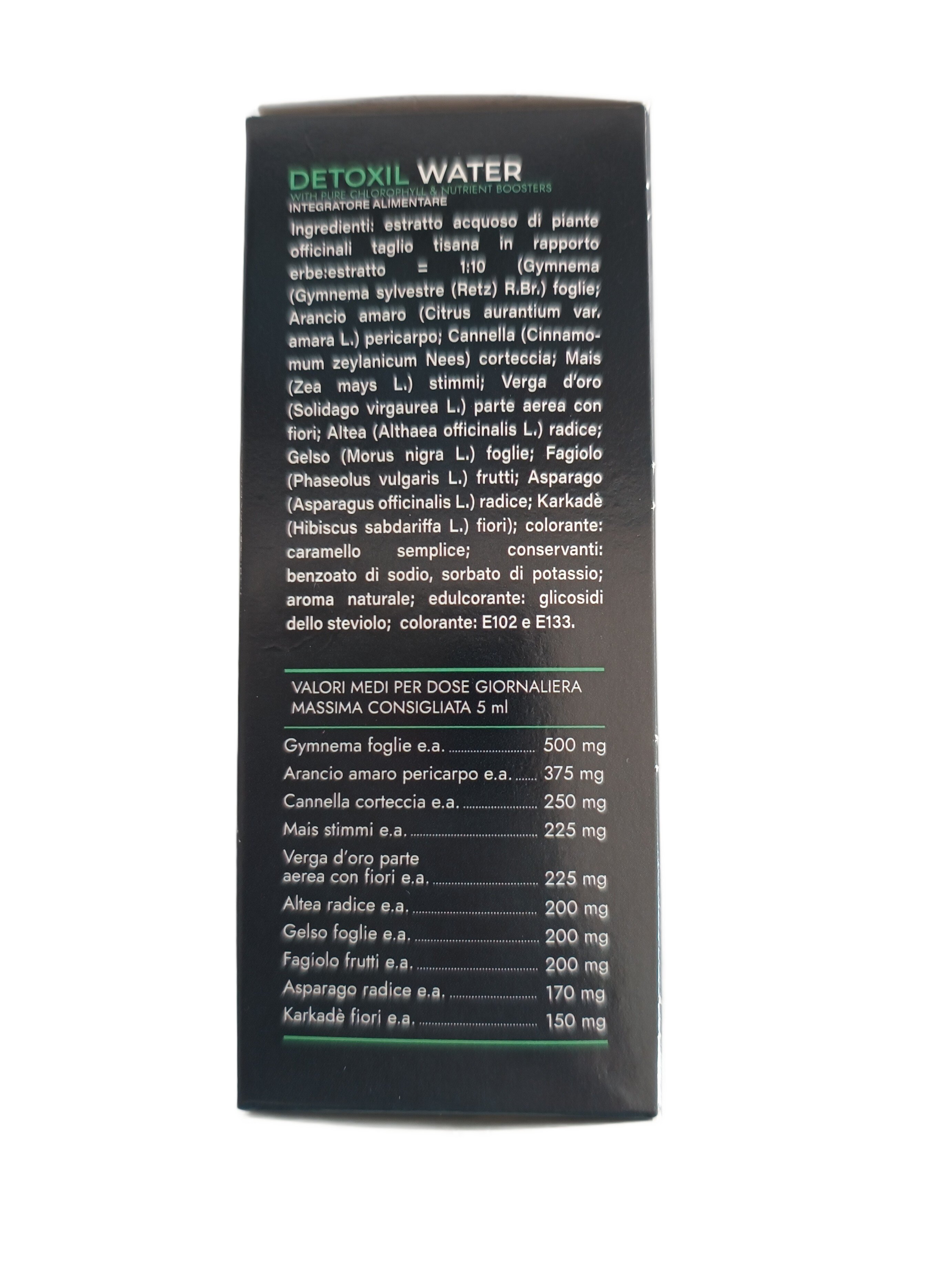 Opakowanie produktu Detoxil Water z listą składników i wartościami odżywczymi. Widoczny tekst zawiera szczegółowy skład oraz zalecane dawki dzienne.