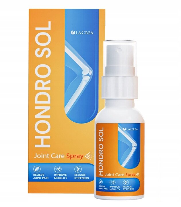 Na obrazie widoczny jest produkt o nazwie \'Hondro Sol Joint Care Spray\' w białej butelce z pompką oraz pomarańczowe opakowanie z grafiką stawu. Na opakowaniu i butelce znajdują się napisy: \'Relieve Joint Pain\', \'Improve Mobility\', \'Reduce Stiffness\'.