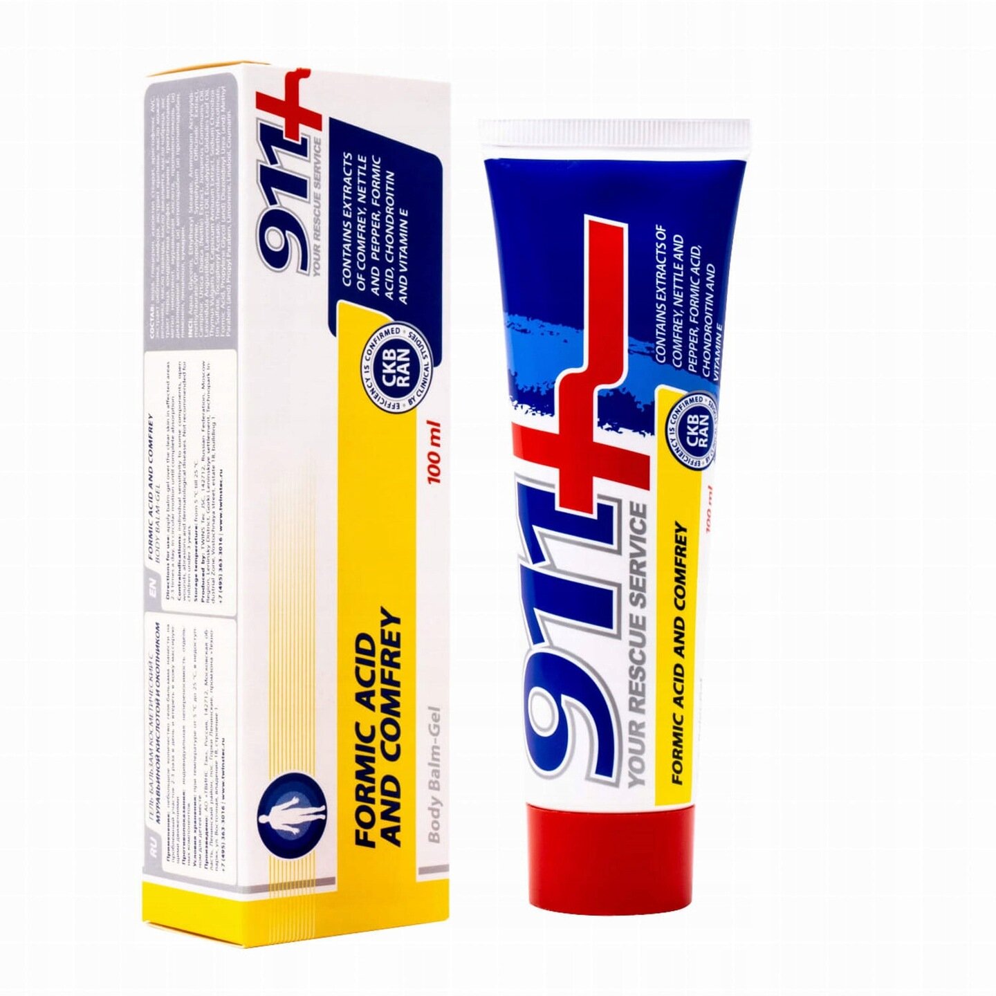 Na obrazie widoczna jest tubka i opakowanie balsamu o nazwie \'911+ Your Rescue Service Formic Acid and Comfrey\'. Tubka i opakowanie mają kolorystykę niebiesko-czerwono-białą z żółtymi akcentami, a pojemność produktu to 100 ml.