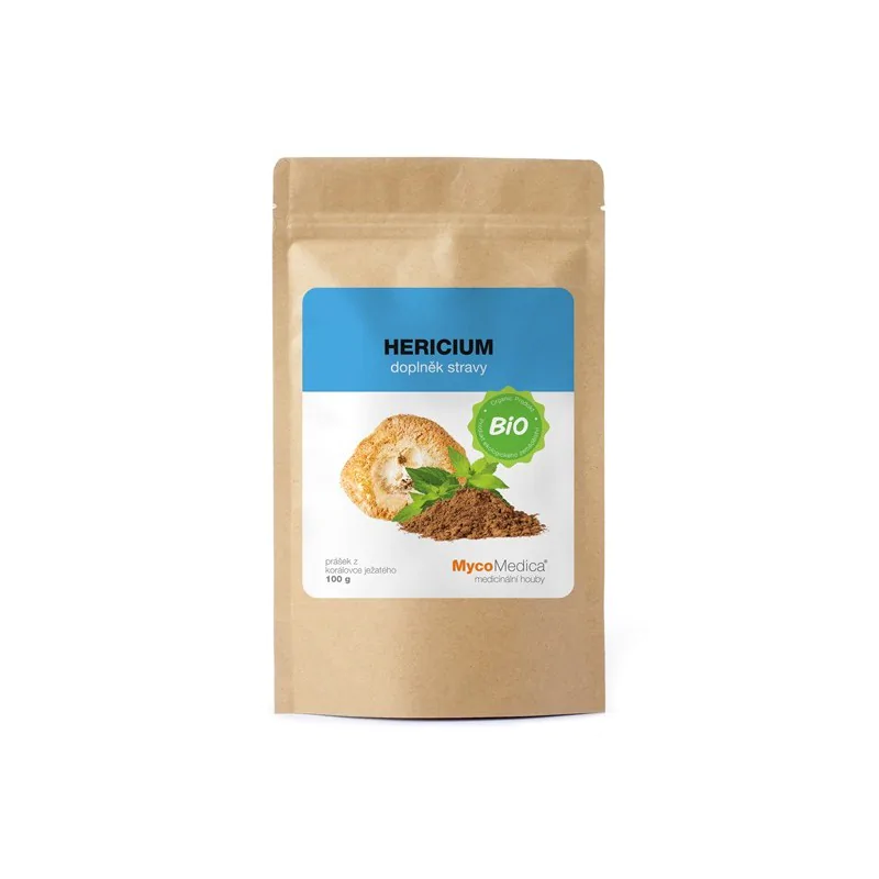 Opakowanie produktu z napisem \'HERICIUM doplněk stravy\' oraz logo \'BIO\'. Na dole widnieje napis \'MycoMedica medicinální houby\'.
