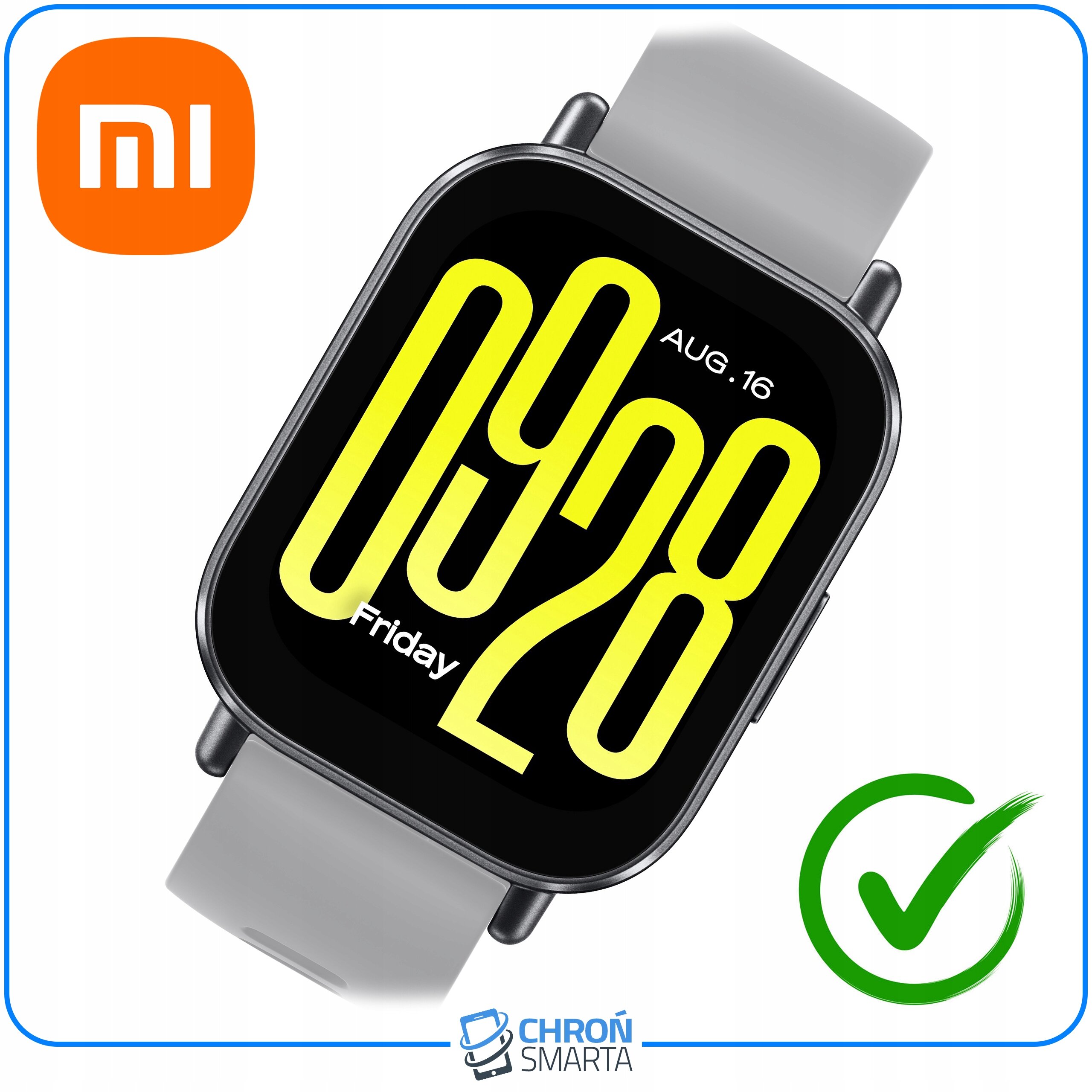 Smartwatch z szarym paskiem i wyświetlaczem pokazującym godzinę 09:28 oraz datę AUG. 16. Widoczne logo \'mi\' oraz \'CHROŃ SMARTA\' z zielonym symbolem zatwierdzenia.