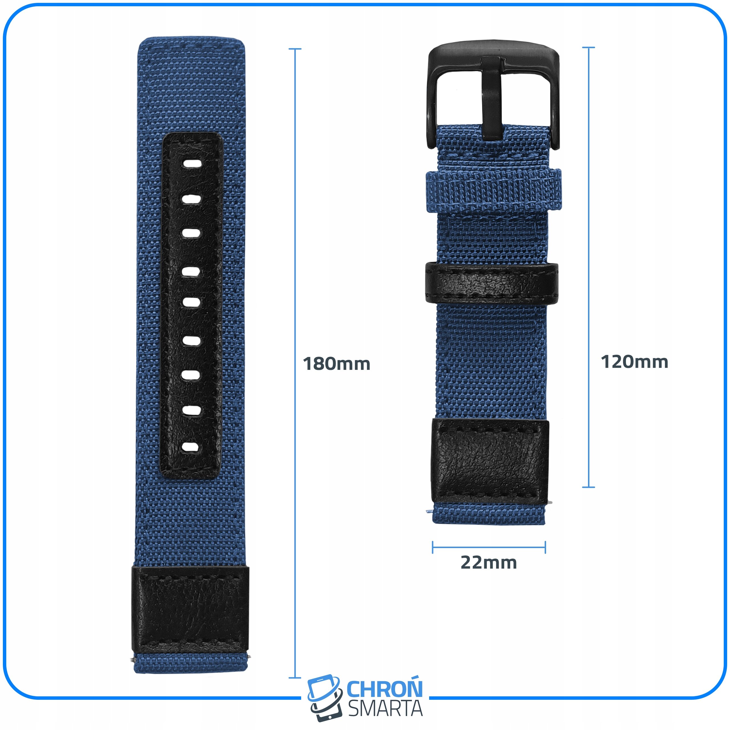Na obrazie widoczny jest pasek do smartwatcha w kolorze niebieskim z czarnymi elementami, o długościach 180mm i 120mm oraz szerokości 22mm. Na dole znajduje się logo \'CHROŃ SMARTA\'.