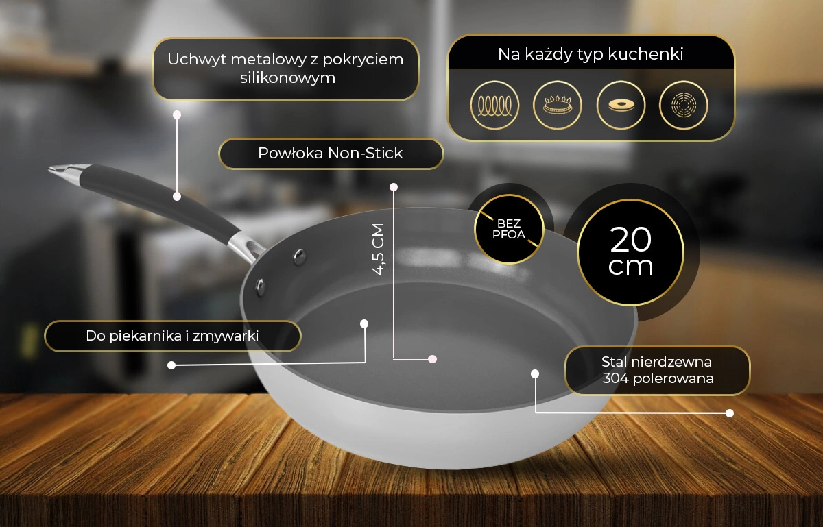 Na obrazie widoczna jest patelnia z metalowym uchwytem pokrytym silikonem i powłoką Non-Stick. Obok patelni znajdują się napisy: \'Uchwyt metalowy z pokryciem silikonowym\', \'Powłoka Non-Stick\', \'Do piekarnika i zmywarki\', \'Na każdy typ kuchenki\', \'Stal nierdzewna 304 polerowana\', \'BEZ PFOA\', \'20 cm\', \'4.5 CM\'.