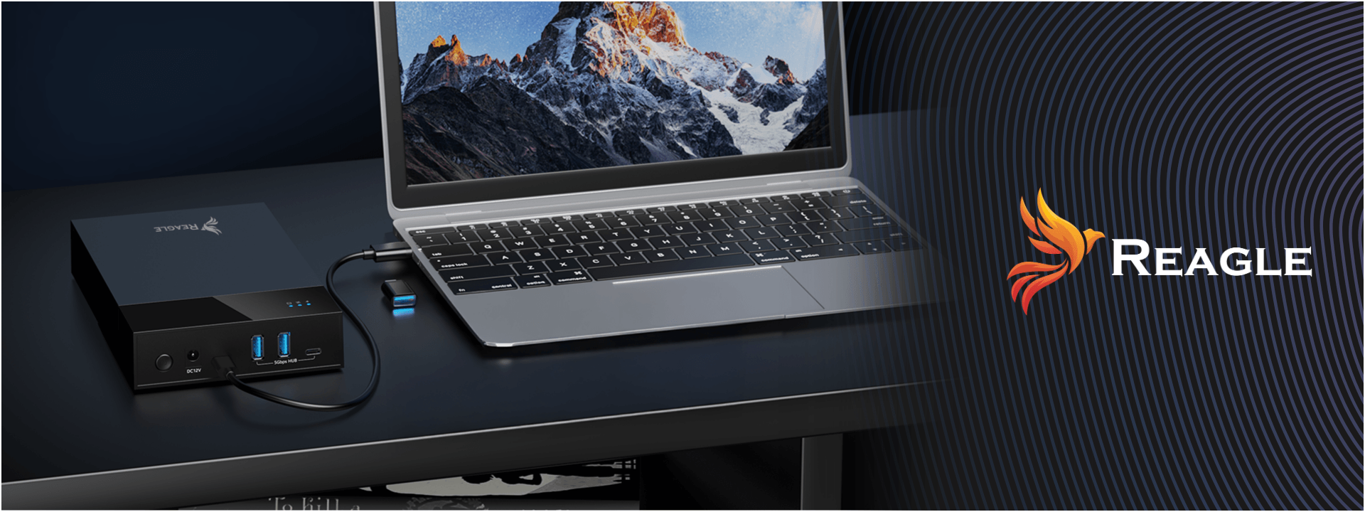Na biurku znajduje się laptop podłączony do obudowy dysku z logo Reagle. Obok laptopa widoczne są dwa porty USB i kabel zasilający.
