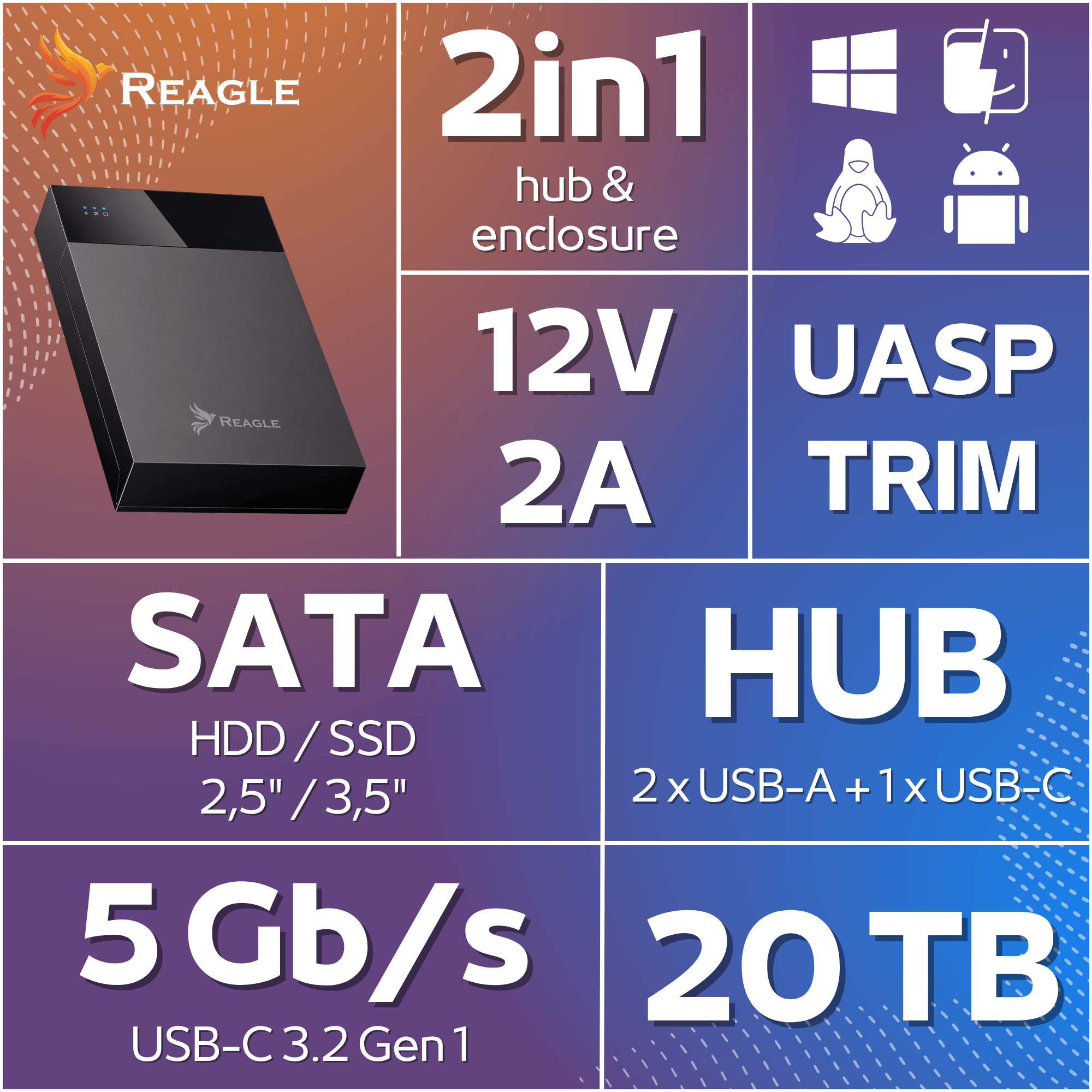 Obraz przedstawia obudowę dysku z logo REAGLE oraz tekstem: \'2in1 hub & enclosure\', \'12V 2A\', \'SATA HDD/SSD 2,5\