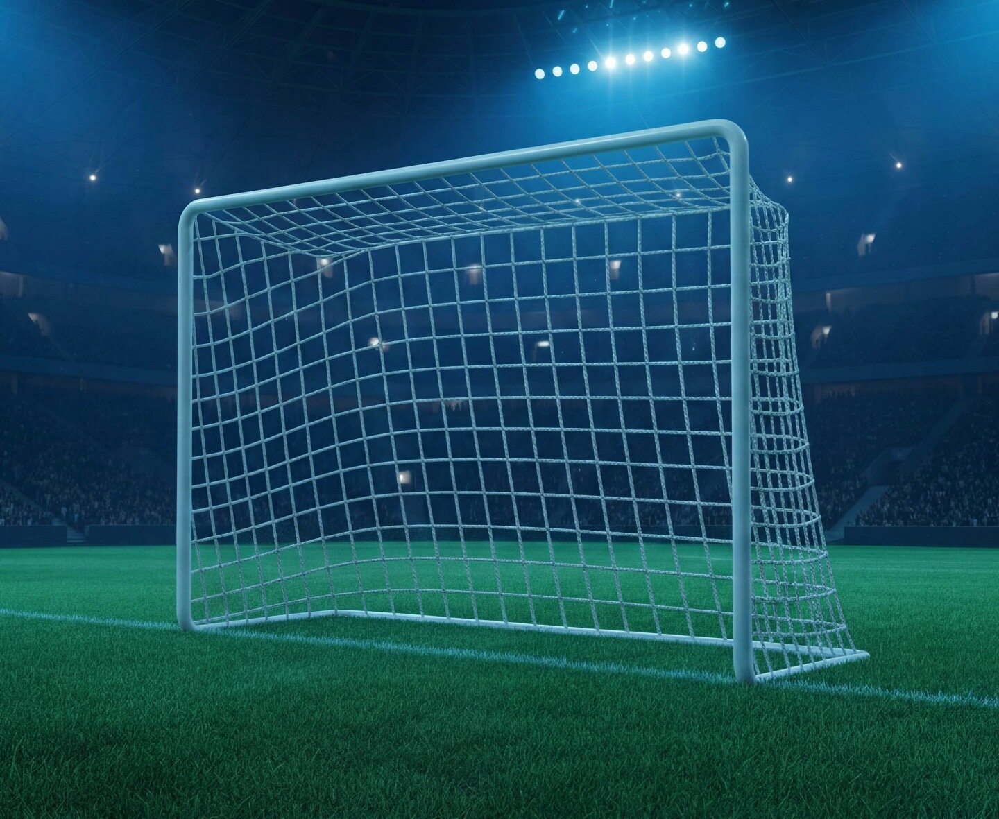 Na obrazie widoczna jest bramka piłkarska ustawiona na zielonej murawie stadionu. W tle widać oświetlenie stadionowe i trybuny.
