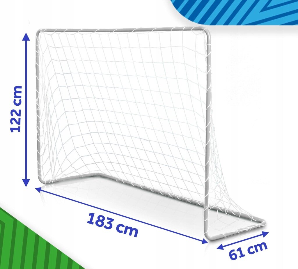 Na obrazie widoczna jest biała bramka piłkarska z siatką, z wymiarami 183 cm szerokości, 122 cm wysokości i 61 cm głębokości, przedstawionymi za pomocą niebieskich strzałek i tekstu. Tło jest białe z zielonym i niebieskim wzorem w rogach.
