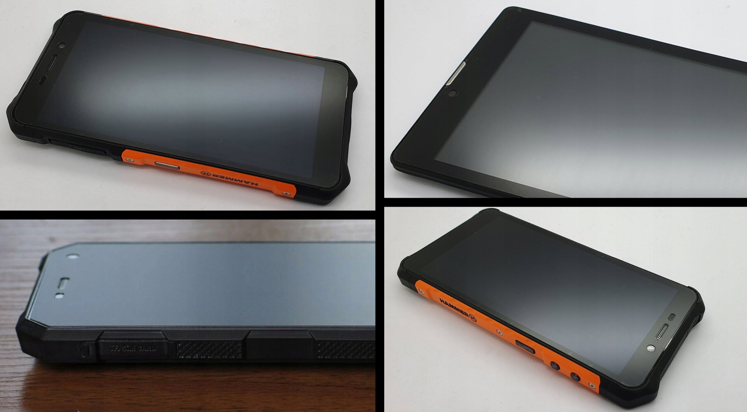 Cztery zdjęcia przedstawiające urządzenie mobilne z matowym ekranem i pomarańczowymi elementami bocznymi. Na jednym z boków widoczny jest napis \'media expert\'.