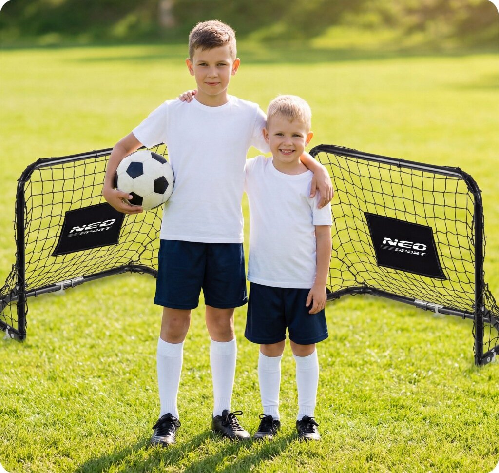 Na trawie stoją dwie bramki piłkarskie z czarnymi siatkami i logo \'NEO SPORT\'. Przed bramkami znajdują się dwaj chłopcy w białych koszulkach i ciemnych spodenkach, jeden z nich trzyma piłkę.