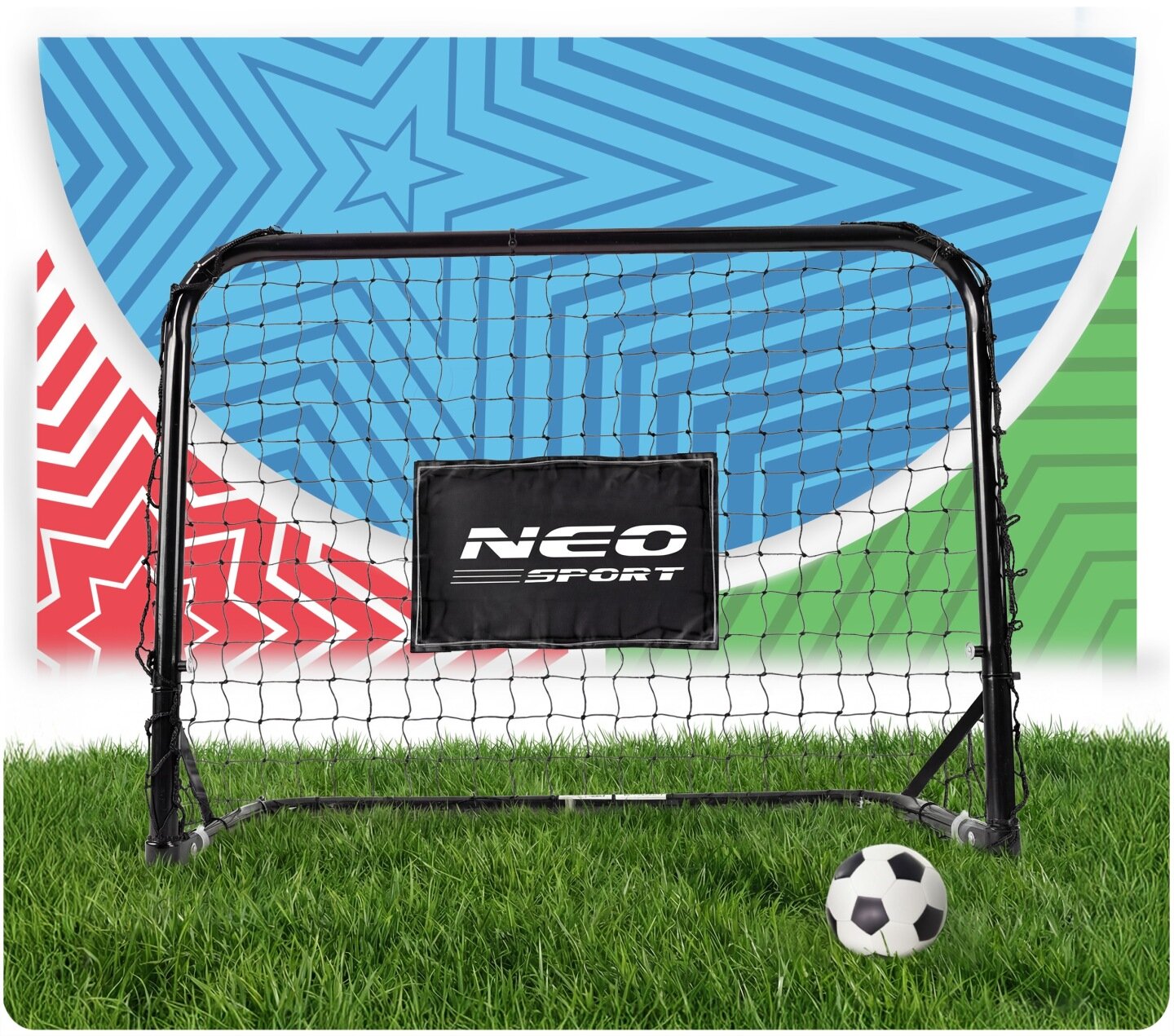 Na obrazie widoczna jest czarna bramka piłkarska z siatką, na której znajduje się logo \'NEO SPORT\'. Przed bramką leży czarno-biała piłka na zielonej trawie, a w tle widać kolorowy wzór z niebieskimi, czerwonymi i zielonymi elementami.