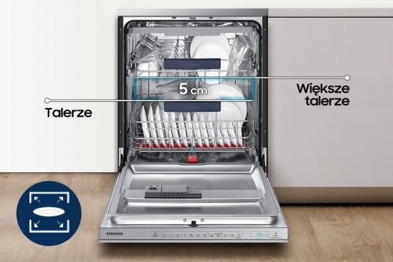 Samsung Regulowana wysokość kosza. Łatwe mycie dużych naczyń Samsung Regulowana wysokość kosza. Łatwe mycie dużych naczyń
