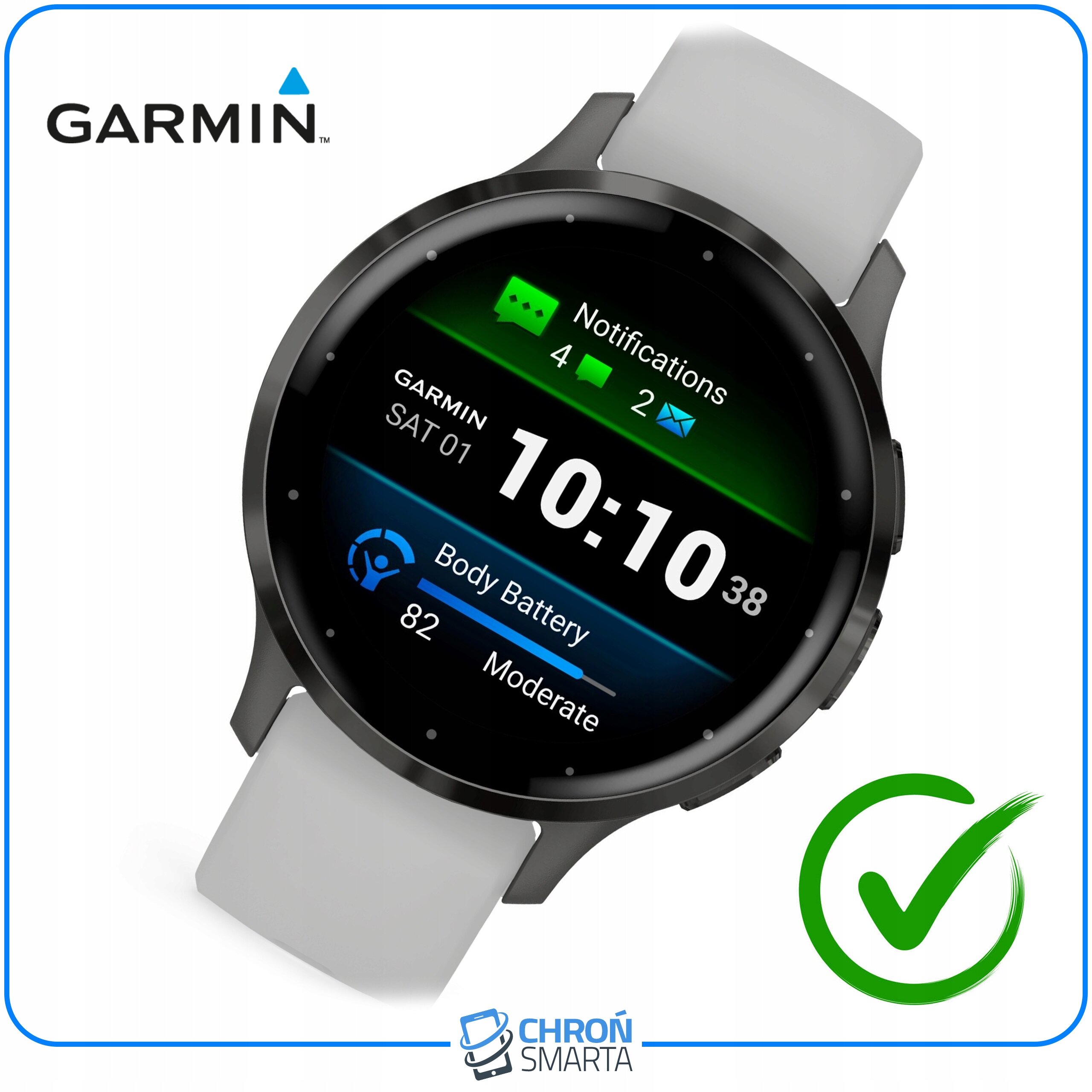 Smartwatch z kremowym paskiem wyświetla godzinę 10:10:38 oraz powiadomienia i poziom \'Body Battery\'. Widoczne są loga \'GARMIN\' i \'CHROŃ SMARTA\'.