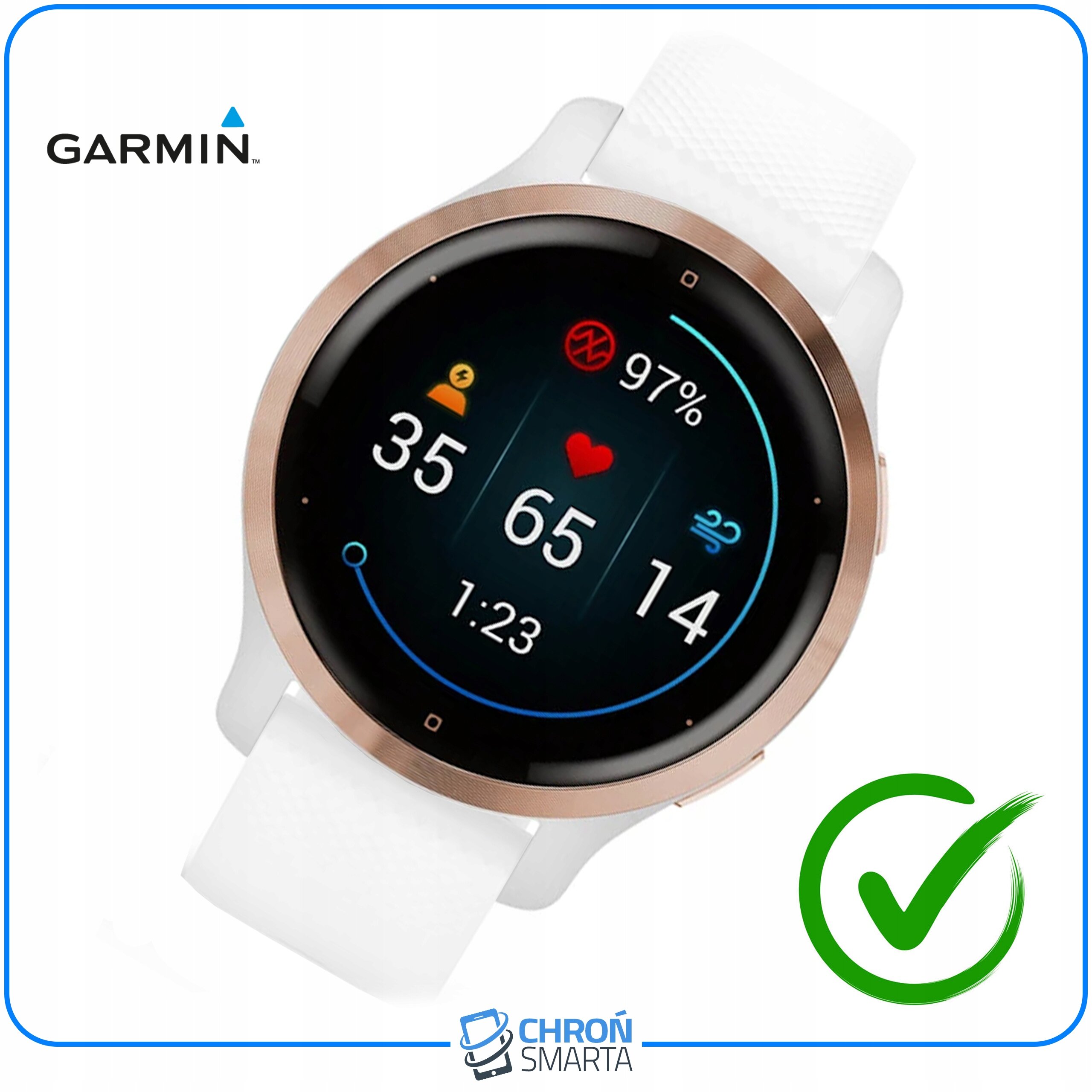 Na obrazie widoczny jest smartwatch z białym paskiem i okrągłym wyświetlaczem, na którym pokazane są dane takie jak 97%, 35, 65, 14 oraz 1:23. W lewym górnym rogu znajduje się logo \'GARMIN\', a na dole napis \'CHROŃ SMARTA\' z ikoną telefonu i laptopa.