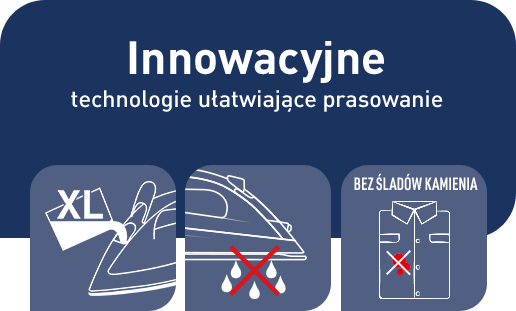 Grafika przedstawia trzy ikony związane z prasowaniem: pierwsza z napisem \'XL\', druga z przekreślonymi kroplami wody, trzecia z koszulą i napisem \'BEZ ŚLADÓW KAMIENIA\'. Na górze widnieje tekst \'Innowacyjne technologie ułatwiające prasowanie\'.