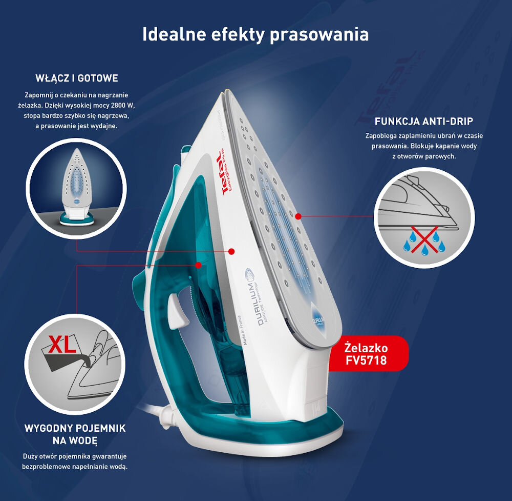 Obraz przedstawia żelazko z napisem \'Tefal\' oraz model \'Żelazko FV5718\'. Widoczne są funkcje takie jak \'Funkcja Anti-Drip\' i \'Wygodny pojemnik na wodę\'.