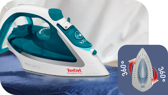 Żelazko z napisem \'Tefal Easygliss Plus\' i \'Durilium Airglide\' na boku, umieszczone na niebieskim materiale. Obok znajduje się grafika przedstawiająca stopę żelazka z oznaczeniem \'360°\'.