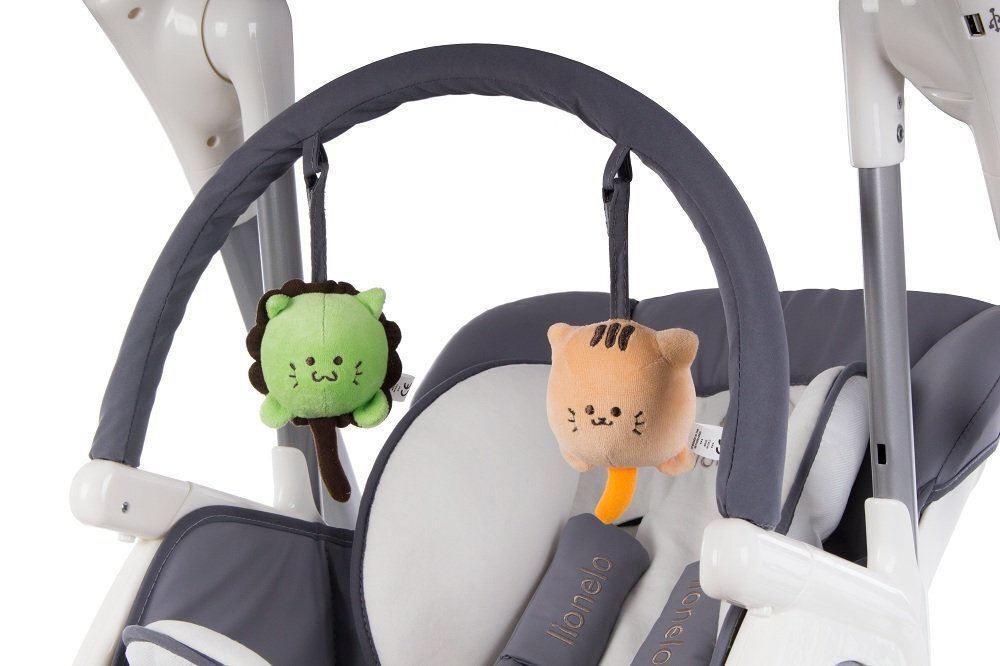 Krzesełko do karmienia LIONELO 2w1 Niles Szary miękka tapicerka wkładka dla noworodka czyszczenie Funkcjonalne kółka wygoda użytkowanie pałąk z zabawkami