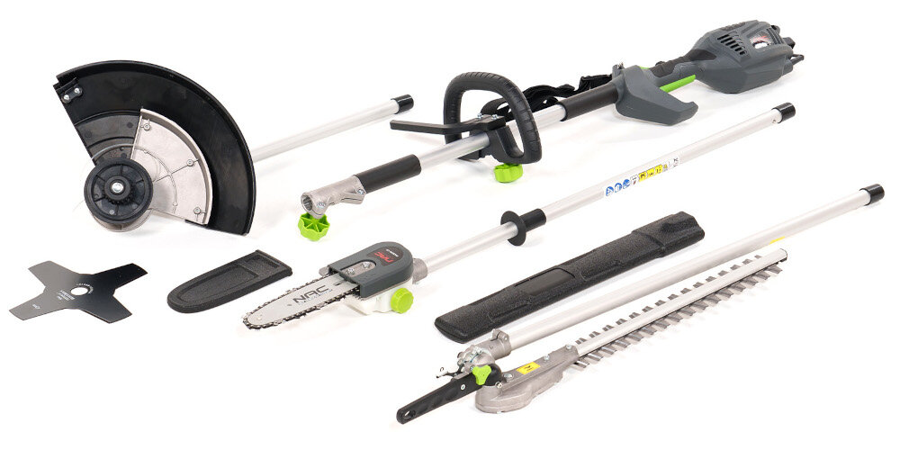 Kosa elektryczna NAC PHCBE90-CH + nożyce do żywopłotu + piła zestaw glowica tnaca z zylka tarcza tnaca pas nosny oslona przystawka kosa/podkaszarka przystawka nozyce do zywoplotu przystawka pilarka do galezu lancuch prowadnica dokumentacja
