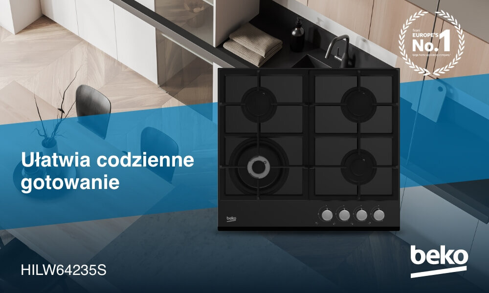 PŁYTA BEKO HILW64235S Na grafice widoczna jest czarna płyta gazowa Beko z czterema palnikami i czterema pokrętłami umieszczonymi pionowo po prawej stronie, zaprezentowana na tle jasnej kuchni z blatem i zlewem. Na niebieskim pasie po lewej stronie umieszczono hasło „Ułatwia codzienne gotowanie”, oznaczenie modelu HILW64235S oraz logo Beko, a w prawym górnym rogu znajduje się znak „Europe’s No.1”.