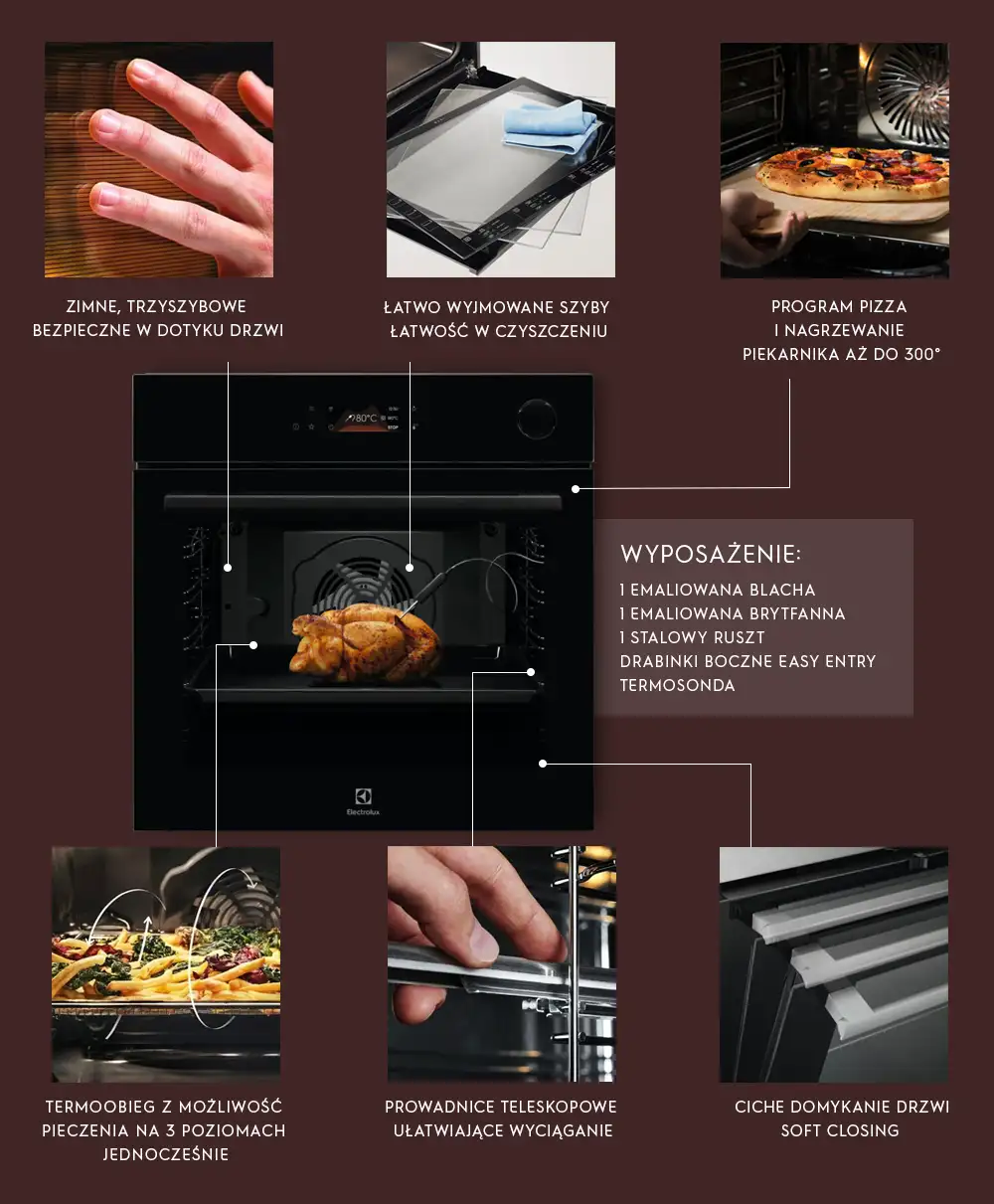 Obraz przedstawia piekarnik z funkcjami takimi jak zimne, trzyszybowe drzwi, łatwo wyjmowane szyby, program pizza, termoobieg, prowadnice teleskopowe i ciche domykanie drzwi. Wypisane wyposażenie to: 1 emaliowana blacha, 1 emaliowana brytfanna, 1 stalowy ruszt, drabinki boczne Easy Entry, termosonda.