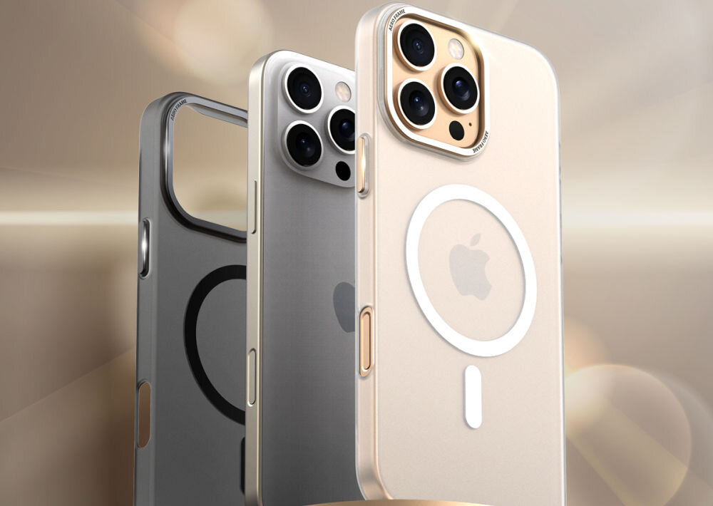 Trzy smartfony z widocznymi aparatami i przezroczystymi etui, z okrągłym wzorem na plecach. Na jednym z telefonów widoczne jest logo w kształcie nadgryzionego jabłka.