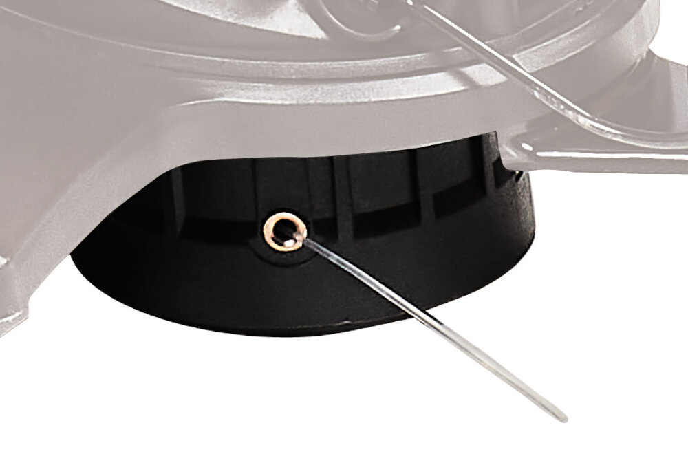 Zbliżenie na część podkaszarki elektrycznej z widoczną czarną głowicą i wystającą żyłką tnącą.