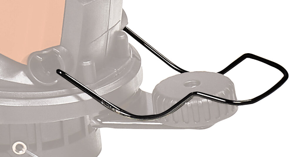 Zbliżenie na część mechanizmu podkaszarki z widocznym metalowym uchwytem i plastikowym elementem z pokrętłem.