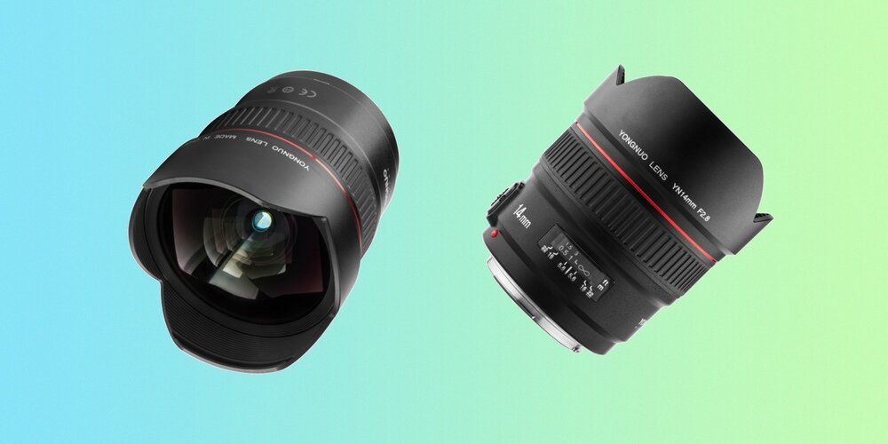 Obiektyw Yongnuo YN 14 mm f/2,8 do Canon EF w dwóch ujęciach: od przodu oraz od boku
