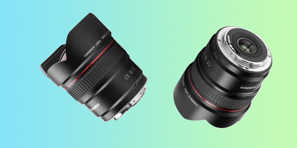 Obiektyw Yongnuo YN 14 mm f/2,8 do Canon EF przedstawiony z perspektywy styków oraz z boku aktualizacja oprogramowania obiektywu 