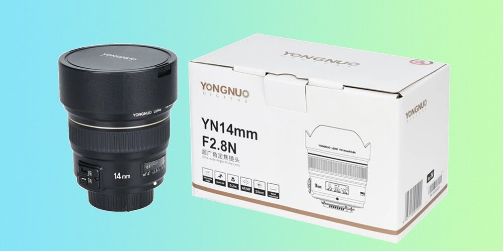Obiektyw Yongnuo YN 14 mm f/2,8 do Canon EF obiektyw z dekielkami oraz opakowanie